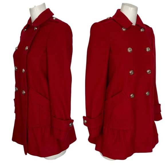 Juicy Couture Wool Coat XS Red Peplum Peacoat Double Breasted Military Retro - Picture 3 of 12